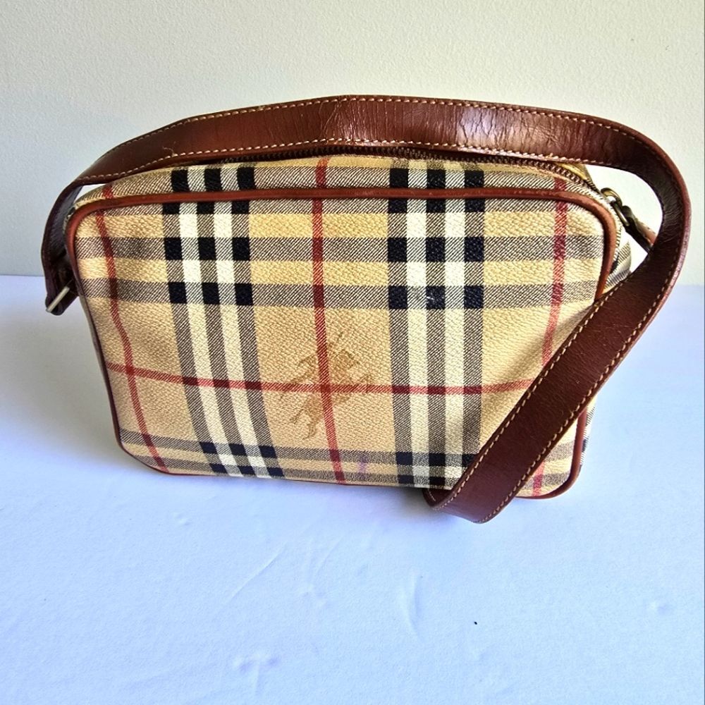 Burberry Haymarket Check Leather Trimmed Crossbody Bag Brown